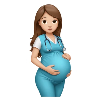 A pregnant woman with long brown hair belly with a stethoscope sticker