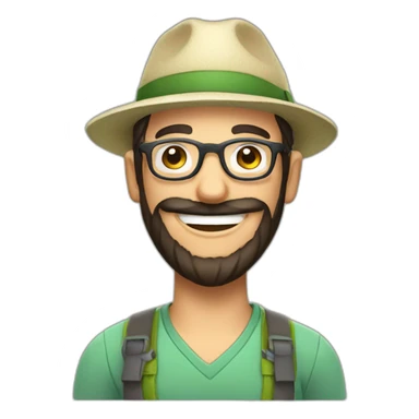 happy gardener man short dark hair beard round glasses with hat sticker