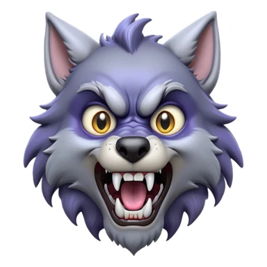 Cinematic Comical Werewolf Portrait Emoji, with a whimsically exaggerated lupine face in vivid moonlit grays and silvers, head cocked in a dramatically shocked expression with comically oversized, wide eyes and a playful snarl, simplified yet hilariously expressive, highly detailed with a soft cartoonish glowing outline capturing the mischievous humor of a werewolf mid-transformation! sticker