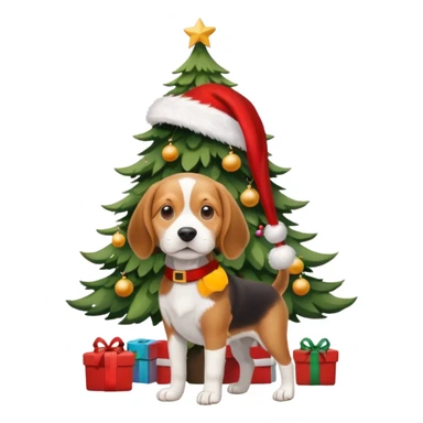 beagle wearing santa hat and standng by the xmas tree sticker