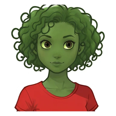Girl with tan skin, 3b curly hair, and dark brown eyes. With a red shirt  sticker