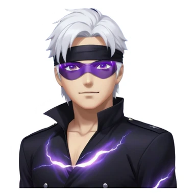 A tall, handsome anime man with white hair and a blindfold or dark sunglasses, wearing a sleek black uniform. He has a confident smirk and a mysterious aura. Glowing white energy swirls around him, representing "Infinity." His eyes, if visible, shine like the stars. The background is a stormy night with blue and purple lightning, symbolizing immense power and control over space and time. Epic anime art style. sticker