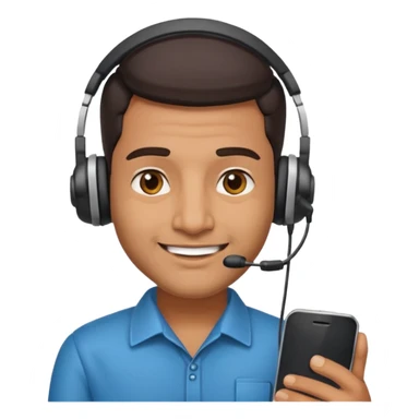 Indian man with a headset, smirking, holding a phone sticker