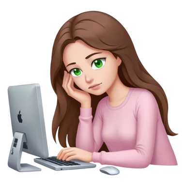 pretty woman with very long brown hair and green eyes and light pink outfit sleepy working on a computer sticker