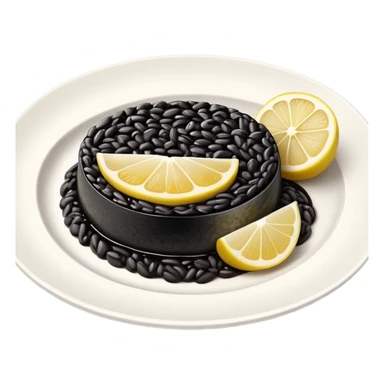 cinematic-realistic-black-risotto-dish,-showcasing-dramatic-lighting in a white plate with a single slice of grilled lemon on top sticker