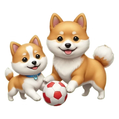 2 dogs, a ginger shiba inu and a small white dog breed coton de tulear, playing with a ball in a sunny garden sticker