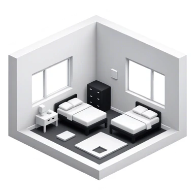 An isometric 3D room with two white walls that meet at the back left and right and a single Window. Black and White Home Office Room sticker