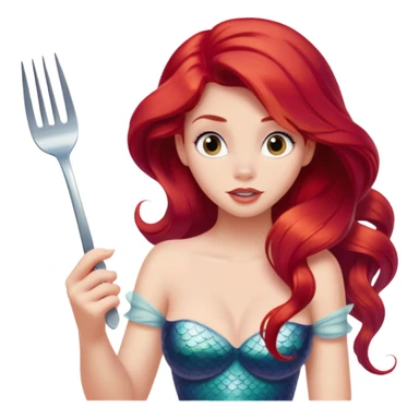 Disney Ariel mermaid with red hair holding a fork, curious expression sticker