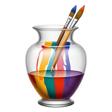 Glass painting icon, colorful brushstrokes on a glass vase, intricate painted patterns on the surface, visible fine paintbrush and palette beside it, no liquid inside the vase, minimalistic style, clean lines, transparent background. sticker