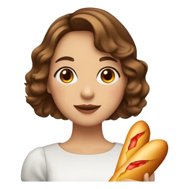 a french girl with brown mid-length wavy bob cut hair and brown eyes holding a baguette with an emoji heart,  sticker