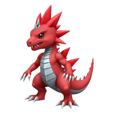 A 3D CGI model of a red-colored edgy kawaii Guilmon-Axew-Tyrantraum-Larvitar-Fakémon-Pokémon-Digimon-creature (full body) sticker