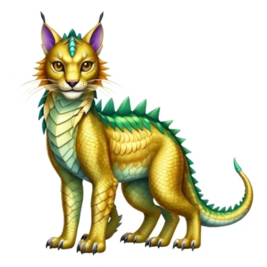 Shiny exotic iridescent Dragon-Tiger-type Lynx-Caracal-Crocodile-Bobcat-Fakémon-creature with a long muzzle, full body sticker