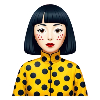 Yayoi Kusama – Cinematic Realistic Portrait of Yayoi Kusama, depicted as an avant-garde artist with an eccentric, captivating expression surrounded by her iconic polka dot patterns, rendered with vivid textures and imaginative lighting that evokes her unique, surreal creative world. sticker