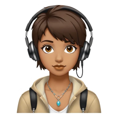 cool girl with short shaggy brown hair with a nose piercing and black headphones and cool jewelry sticker