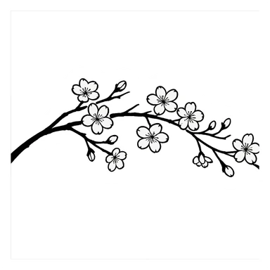 long curved single-color sakura branch with flowers, eastern style, no background, for sign decoration, 1200x100px sticker