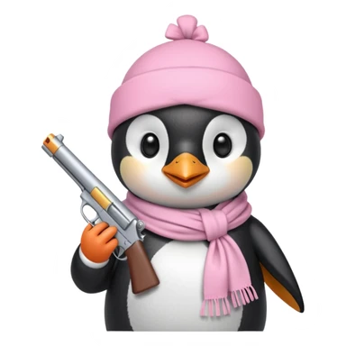 cute penguin wearing light pink bow scarf not on head and holding light pink gun  sticker