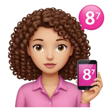 Curly hair Median, Brunette, wearing a pink blouse with *87* written on it. sticker