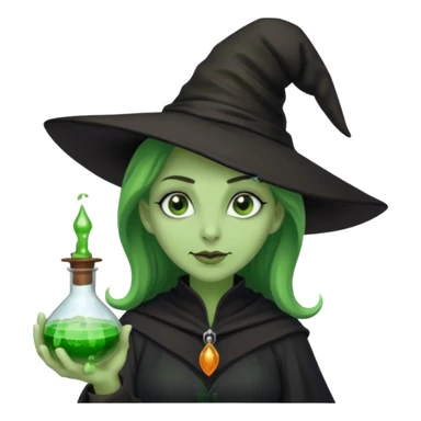 Witch with Green Skin – long-nosed witch in black hat holding potion sticker
