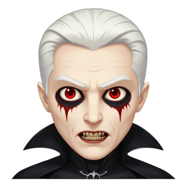Creat a young man Vampire with white skin and white hair "make him have slide back hair" and full black vampire clothes and bloody eyes and long fangs and scary dead eyes sticker