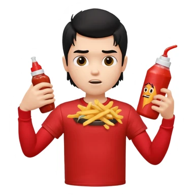generate a pretty fair bratz boy with a messy mullet (black hair), wearing a red tshirt. eating fries, big biceps sticker