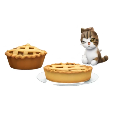 Make a cozy kitchen-themed emoji of a homemade pie cooling on a window ledge, with a friendly cat sitting nearby, looking at the pie sticker