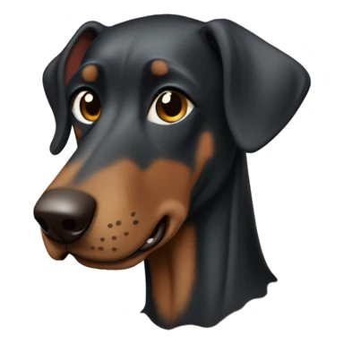 a black Doberman with brown spots smiles widely, it should be clear that he is wearing a gray sweatshirt and glasses with black frames sticker