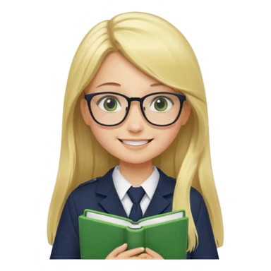 Girl student wearing uniform, glasses, hold green book in front of their chest, blonde long straight hair, white skin sticker