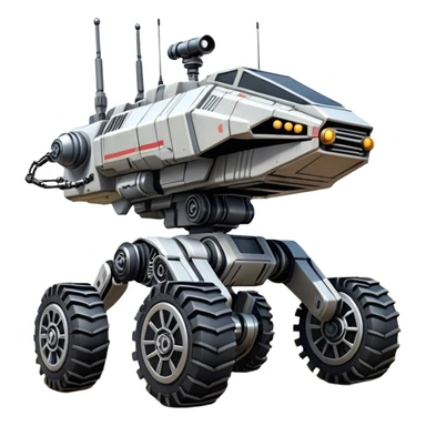 Star Wars jumping 8-wheel armored canine sporty self-balancing massive mech trail assault vehicle motor-in-wheel side-hill leaning actively robotically articulating hydraulic independent suspended pod gimbal enemy mech off-road racing rover with large fast engine basher crawler megatron  sticker