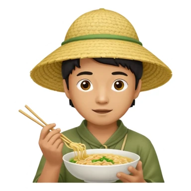 Asian man in a rice paddy hat eating noodles sticker