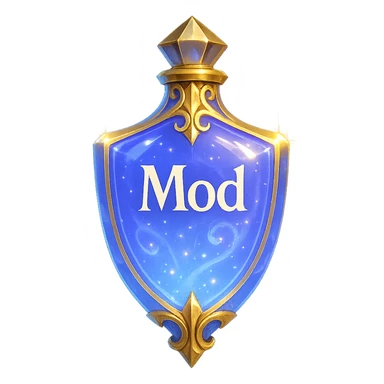 Crystal, exceptionally luxurious elixir bottle in shield shape, color #7986cb, with inscription 'Mod', maximum glow, edges, ornaments, golden details, magical effects, unique shape accents, transparent background, beautiful seamless bottom, bottle clearly floating in air, no base or shadow, very luxurious, modern, fits collection. sticker