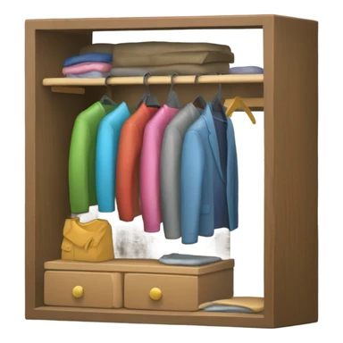 Design an emoji-style icon of an open wardrobe with clothes hanging inside. Include details like a wooden frame, hangers, and colorful clothing items such as shirts or any other clothing . Use a clean and minimalistic design. sticker