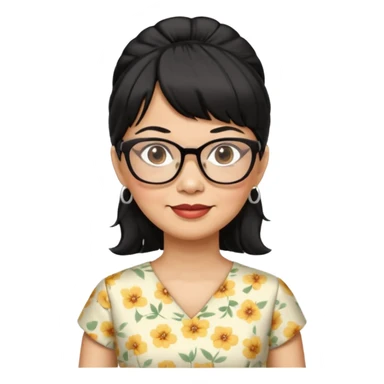 filipino woman black hair in one pony tail with straight bangs and big glasses, 60 yr old, nice dress

 sticker