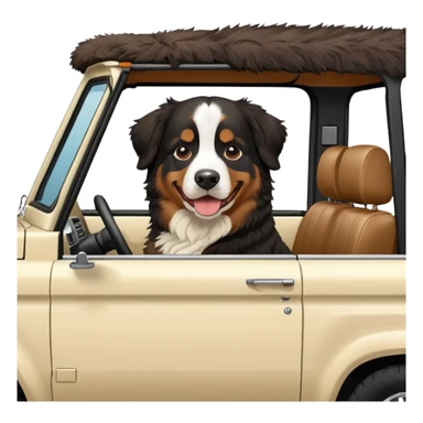 Bernese mountain dog in a cream colored ford bronco with no roof sticker