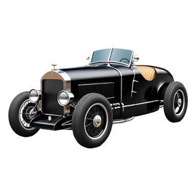 Darth Vader black Bare bones (channeled cowl) drag racing and speed record modified (fenders removed) chopped streamlined sporty roadster that is a (stripped down) hot street rodded engine sports car 1932 Rolls Royce Woody futuristic  wide racing wheels sticker