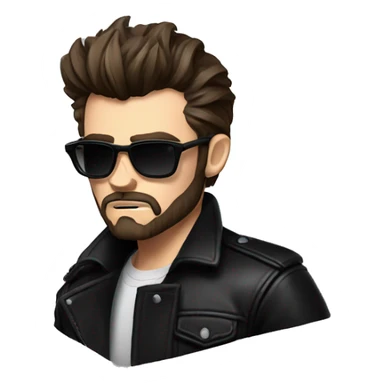 James dean but with dark brown hair und beard, cool outfit, black leather jacket and black shirt underneath, evil look, angry look sticker