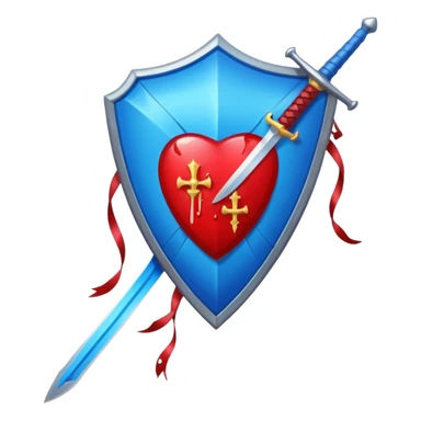 shiny vibrant blue kite shield with a vertical sword behind it, blood effect on the sword, apple emoji style sticker