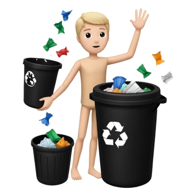 give me a white stickman and a black trash can and trash and make the man throw some trash can and make the background black  sticker