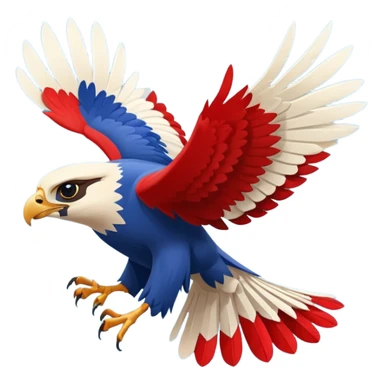 a stylized falcon tumbling through the air, feathers flying, cartoonish exaggeration, falcon colored red, white, and blueish sticker