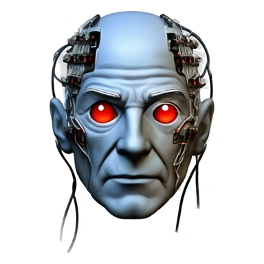 Jean luc picard from Star Trek assimilated by the Borg, with mechanical metal covering the left side of his face, with wires and a red light on the left side. His eyes are blue sticker