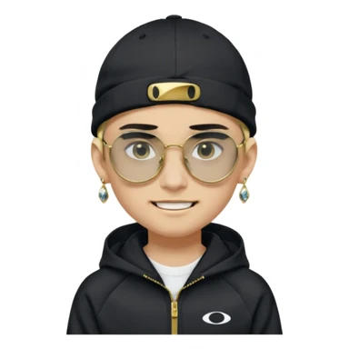 un emoji de un chico emcapuchado blanco, con gorro kalenji, dientes de oro, com uma chaqueta negra nike tech y unas gafas de oakley, con pendientes de diamante, que las gafas sean estilo cuadradas, los pendientes q no se cuelguen, que sean redondos, en las dos cejas un corte sticker