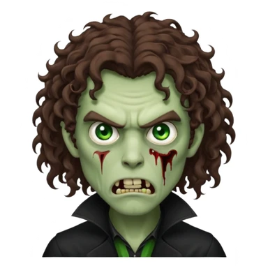 long curly haired male zombie with brown hair color and green eye color, with dark vampire clothes and angry face emotion sticker