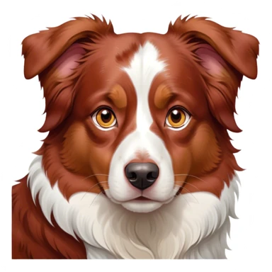 Cinematic Noble Red Merle Australian Shepherd Portrait Emoji, Poised and regal, with a strong, agile build and a stunning red merle coat accented by subtle splashes of darker red and white, piercing amber eyes, Simplified yet sharp and sophisticated features, highly detailed, glowing with a soft, dignified glow, high shine, intelligent and loyal, stylized with an air of strength, focused and attentive, soft glowing outline, capturing the essence of a watchful and confident herder, so majestic it feels as though it could step out of the screen with effortless authority! sticker