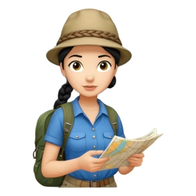 A braid black hair backpacking woman checking her map with curious eyes while walking in the woods with camping hat full body sticker