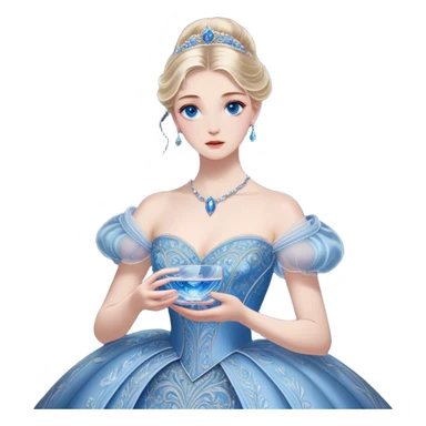Cinematic Realistic Cinderella Portrait, depicted with lifelike skin texture, subtle rosy undertones, and soft natural lighting that enhances the gentle contours of her face. Her intricately detailed golden blonde hair is elegantly styled in an updo, with delicate wisps framing her face. Her deep, expressive blue eyes radiate warmth and sincerity, reflecting a quiet resilience and grace. She holds a glass slipper gently in one hand, her other hand resting gracefully at her side, emphasizing the timeless beauty of the moment. She is dressed in her iconic ball gown, the fabric shimmering with intricate embroidery and fine translucent layers that catch the light beautifully. The soft sheen of satin gloves adds a magical touch to her graceful pose. The portrait features an enchanting glow with a natural, luminous finish, seamlessly blending realism and fairytale charm to evoke a sense of depth, elegance, and timeless beauty. sticker