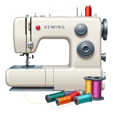 Sewing icon, sewing machine with thread, visible needle, spools of thread, fabric pieces, and scissors, a piece of clothing or textile in progress, minimalistic style, clean lines, transparent background. sticker