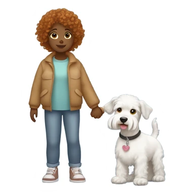 ginger curly haired girl with really small white schnauzer mix dog holding hands  sticker