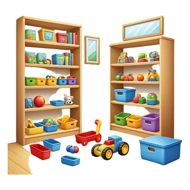 tidy room with toys neatly arranged on shelves, clear and inviting sticker