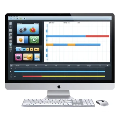 Create an emoji of video editing. Should feature a video editing timeline or interface on a computer screen, showing clips and a playhead. Include a video camera and editing tools. No smiley faces. Make the background transparent. sticker