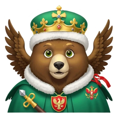 Sweet brown bear face with green eyes, white fluffy ushanka hat with Russian coat of arms showing golden eagle with spread wings, crowns, scepter, orb, and St. George shield, iOS emoji style sticker
