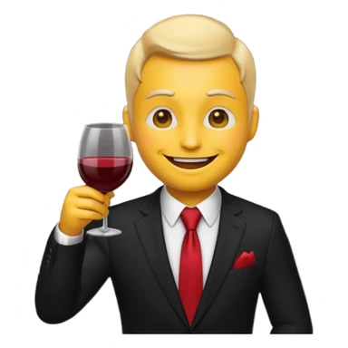 Yellow emoji with black suit and red tie, drinking wine, freaky smiling face, handsome sticker